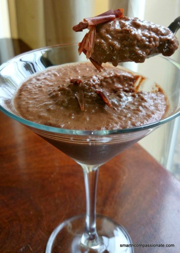 Garnished with dark chocolate shavings.