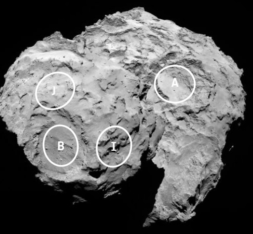 Four of the five potential landing sites for Philae. Image Credit: ESA/Rosetta/MPS for OSIRIS Team MPS/UPD/LAM/IAA/SSO/INTA/UPM