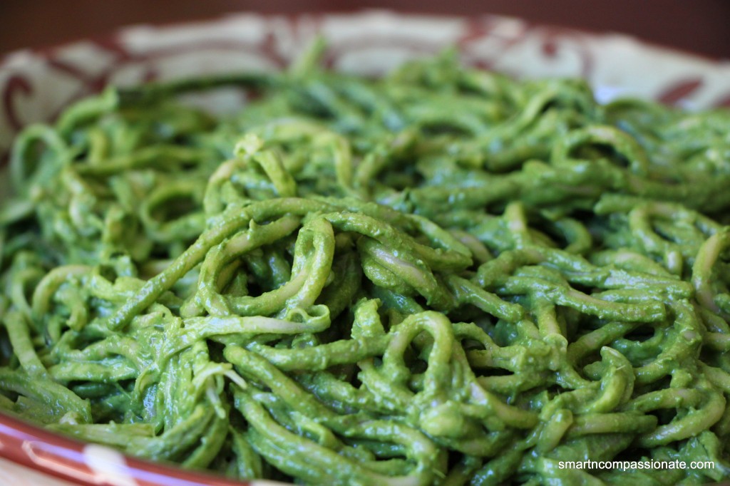 Spaghetti & Zucchini Noodles With Greens & Avocado Sauce