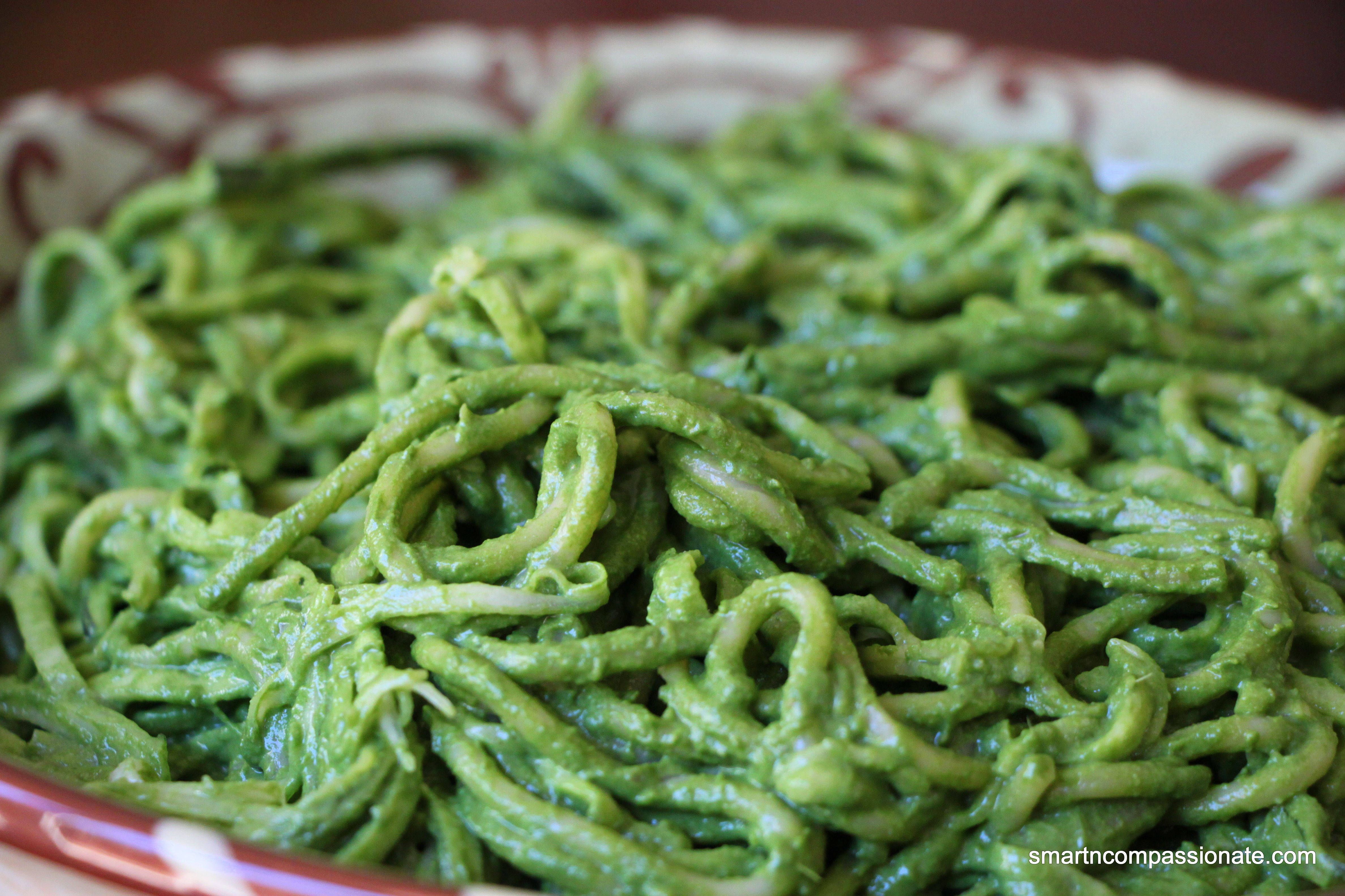 Spaghetti & Zucchini Noodles With Greens & Avocado Sauce