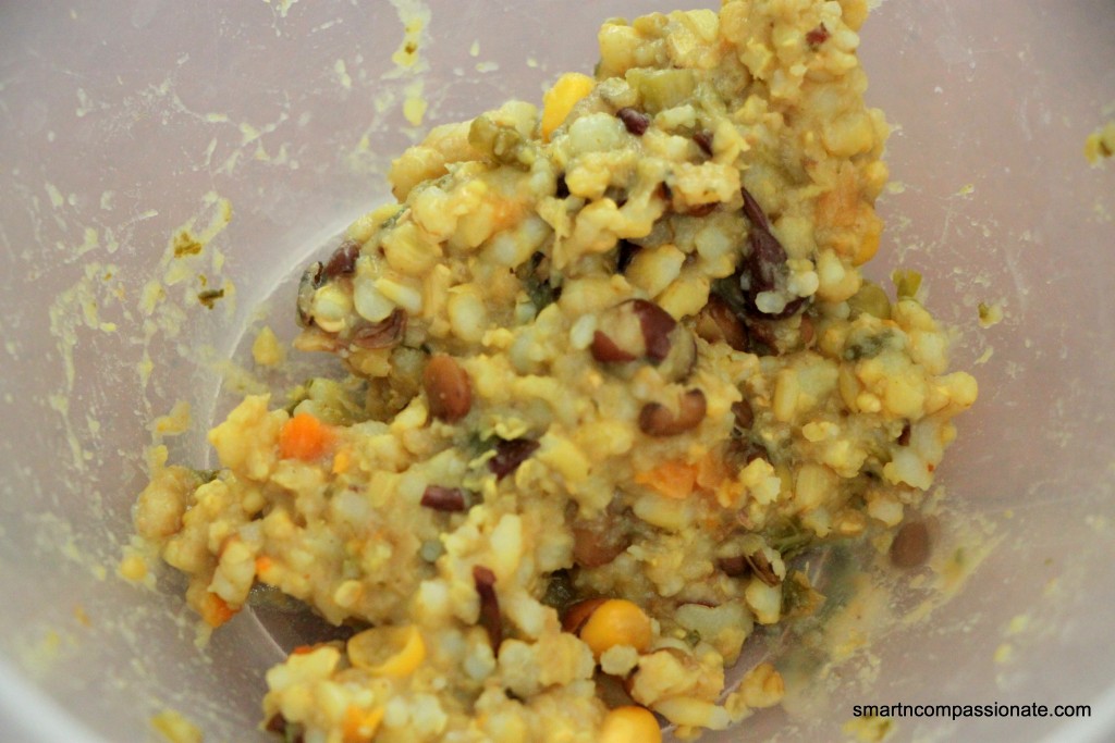 His first homecooked meal - lentils, beans, brown rice, veggies and spices